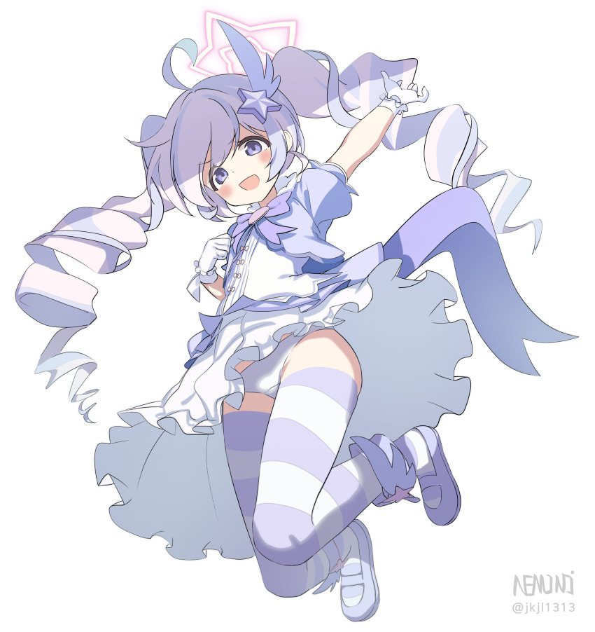 1girl :d absurdres arm_up artist_name blue_archive bow bowtie curly_hair dot_nose dress drill_hair feather_hair_ornament frilled_dress frilled_gloves frilled_skirt frills gloves hair_ornament halo hand_up highres loli long_hair looking_at_viewer magical_girl mary_janes multicolored_hair n3moni open_mouth panties pink_bow purple_bow purple_bowtie purple_halo purple_shoes purple_shrug purple_thighhighs reisa_(blue_archive) reisa_(magical)_(blue_archive) shirt shirt_bow shoes short_sleeves shrug_(clothing) skirt smile solo star_(symbol) star_hair_ornament star_halo striped_clothes striped_thighhighs thighhighs thighs twin_drills twintails underwear very_long_hair white_gloves white_panties white_shirt winged_shoes wings zettai_ryouiki