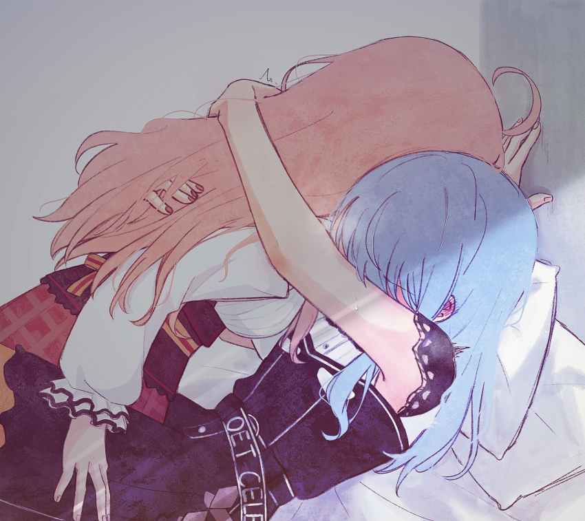 2girls ahoge black_dress blue_hair blush commentary cowboy_shot dress ear_blush highres hololive hoshimachi_suisei hoshimachi_suisei_(casual) hug indoors lace_sleeves long_hair long_sleeves lying multiple_girls official_alternate_costume official_alternate_hair_length official_alternate_hairstyle on_back on_bed pillow pink_hair plaid_clothes plaid_skirt red_skirt sakura_miko sakura_miko_(casual) shirt short_sleeves skirt virtual_youtuber white_shirt yumi5469 yuri