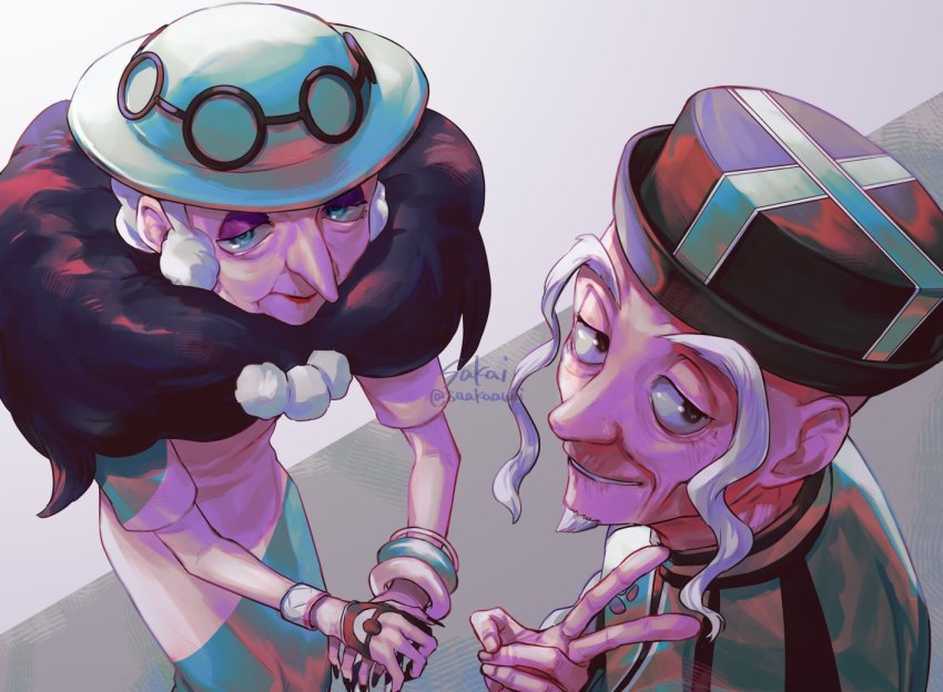 1boy 1girl artist_name bangle bracelet commentary_request dress dynamax_band eyeshadow facial_hair from_above gloves green_headwear gym_leader hand_up hat hunched_over jewelry long_eyebrows makeup mustard_(pokemon) nintendo old old_man old_woman opal_(pokemon) pokemon pokemon_swsh purple_eyeshadow sakai_(motomei) scarf single_glove smile v watermark white_hair