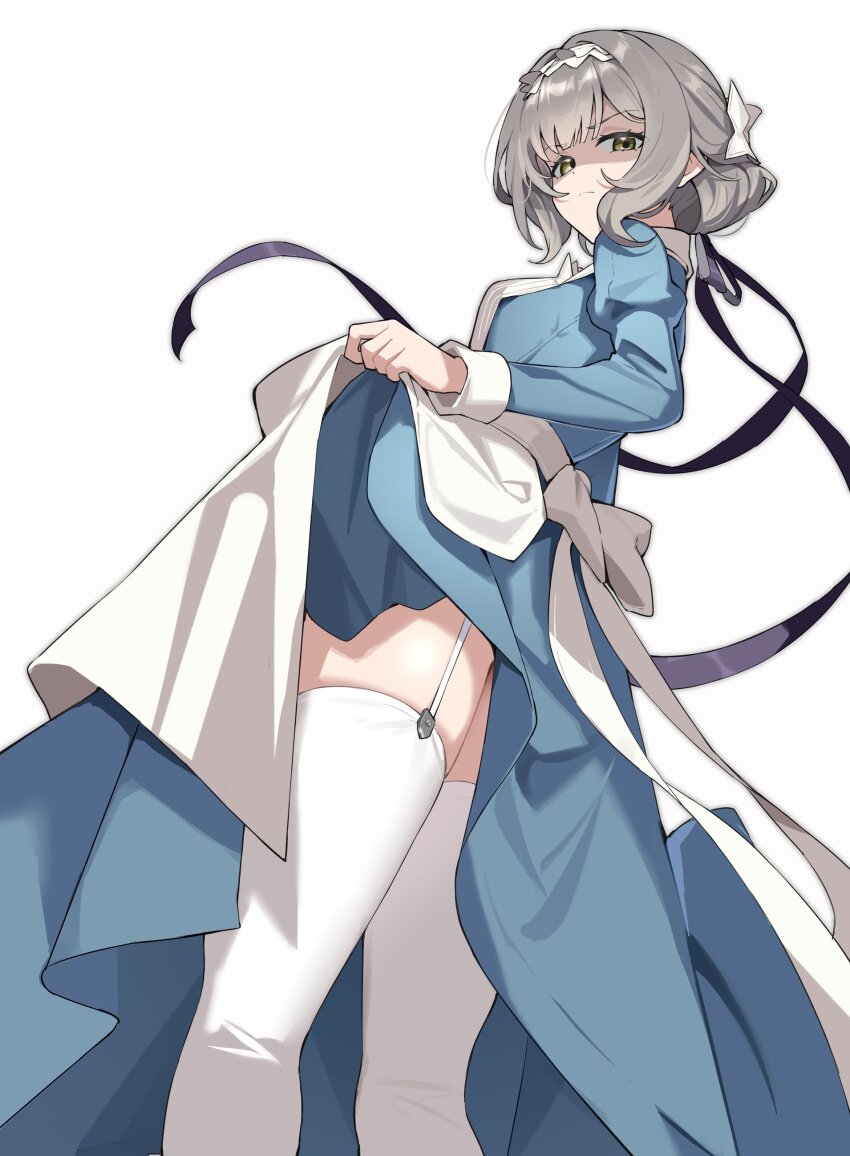 1girl absurdres apron black_ribbon blue_dress clothes_lift disgust dress dress_lift from_behind gakuen_idolmaster garter_straps grey_hair hair_ribbon hairband highres hiwatari_kanae idolmaster juliet_sleeves lifting_own_clothes long_sleeves looking_at_viewer maid puffy_sleeves ribbon shaded_face short_hair simple_background solo tamago_(eva1314056) thighhighs white_apron white_background white_hairband white_thighhighs yellow_eyes