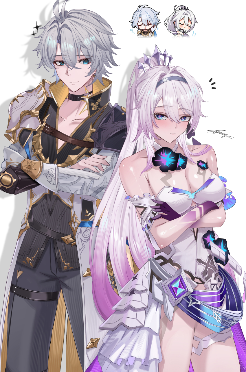 1girl absurdres ahoge armor black_pants blue_eyes breasts cleavage coat commentary_request crossed_arms dress flower_ornament highres honkai:_star_rail honkai_(series) honkai_impact_3rd kiana_kaslana kiana_kaslana_(herrscher_of_finality) large_breasts long_hair miya-chan_(lightning0730) multicolored_hair official_art_inset pants pauldrons phainon_(honkai:_star_rail) purple_hair short_hair shoulder_armor simple_background single_pauldron smile thighhighs tiara two-tone_hair very_long_hair white_background white_coat white_dress white_hair