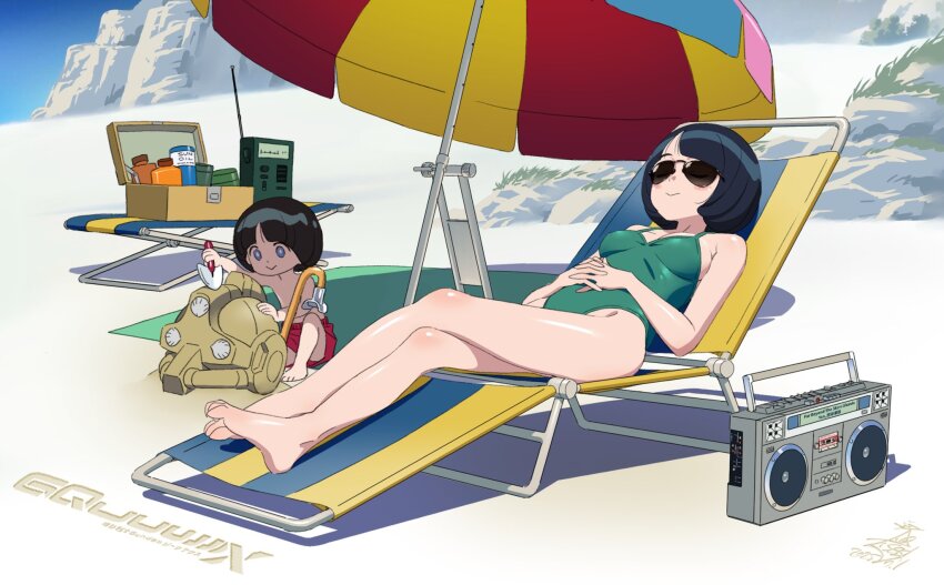 1boy 1girl alternate_universe barefoot beach beach_chair beach_umbrella black_hair blue_eyes blush blush_stickers building_sand_sculpture chair commentary_request copyright_name crossed_legs dated gelgoog gelgoog_(gquuuuuux) good_end gundam gundam_gquuuuuux hand_on_own_stomach highres holding holding_trowel iseki_shuuichi lying on_back one-piece_swimsuit radio sand sand_sculpture shiiko_sugai shiiko_sugai&#039;s_son short_hair shorts signature smile spoilers swimsuit trowel umbrella