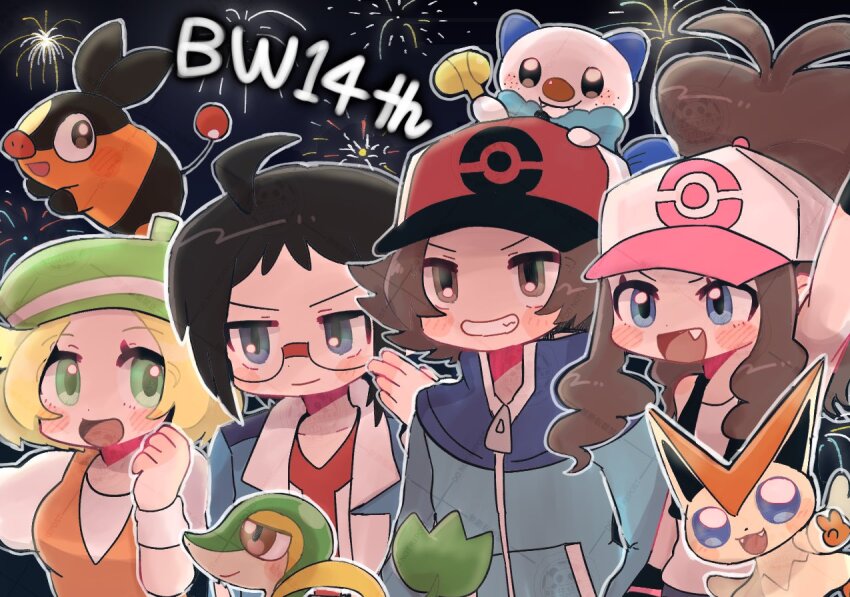 2boys 2girls :d bianca_(pokemon) black_hair black_vest blue_eyes blue_jacket brown_eyes brown_hair cheren_(pokemon) closed_mouth creatures_(company) dress fang fireworks game_freak gen_5_pokemon glasses green_eyes green_hat hashtag-only_commentary hat high_ponytail hilbert_(pokemon) hilda_(pokemon) jacket legendary_pokemon long_hair multiple_boys multiple_girls mythical_pokemon nintendo open_mouth orange_vest oshawott pandakokkopanda pokemon pokemon_(creature) pokemon_bw ponytail red_hat short_hair smile snivy teeth tepig vest victini white_dress white_hat zipper_pull_tab