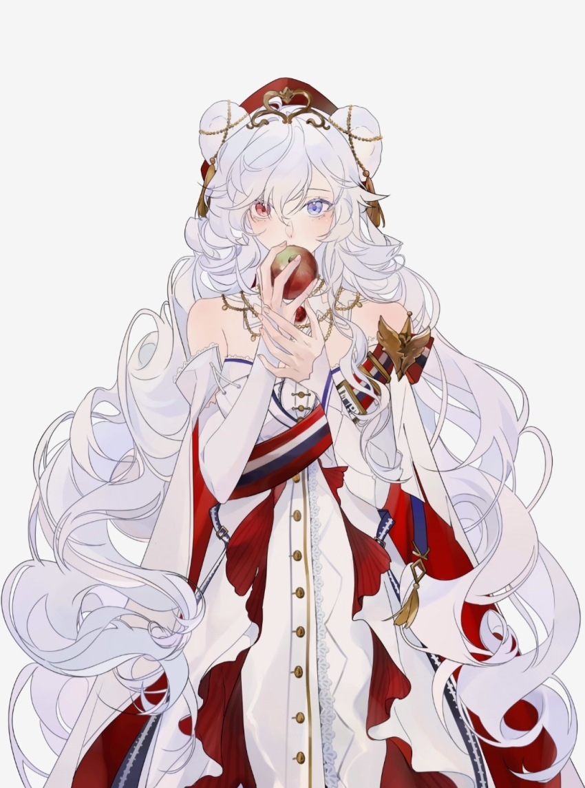 1girl animal_ears apple arknights bare_arms bare_shoulders bear_ears bear_girl between_breasts blue_eyes blue_ribbon blue_sash blue_trim breasts cape cleavage collar couch cowboy_shot detached_collar double-parted_bangs dress ear_ornament eating elbow_gloves fingernails food frilled_dress frills fruit gem gloves gold_beads gold_necklace gold_tiara gold_trim hands_up hat heterochromia highres holding holding_food holding_fruit holding_own_wrist jewelry lace lace-trimmed_dress lace-trimmed_gloves lace_trim large_breasts latutou1 layered_dress light_blush long_dress long_hair mature_female multicolored_sash necklace nose official_alternate_costume pale_skin raised_eyebrows red_cape red_eyes red_gemstone red_hat red_sash ribbon rosa_(arknights) rosa_(masterpiece)_(arknights) russian_text sash simple_background sleeveless sleeveless_dress solo standing strapless strapless_dress tassel two-tone_cape ursus_logo veil very_long_hair wavy_hair white_background white_cape white_collar white_dress white_gloves white_gown white_hair white_sash