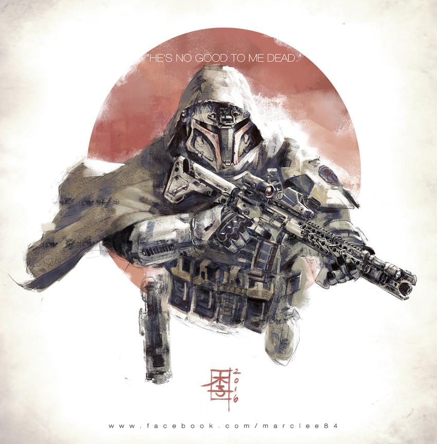 1boy 2016 adapted_costume ammunition_pouch armor assault_visor boba_fett brown_cloak cloak commentary english_commentary english_text gloves gun highres holding holding_gun holding_weapon hood hood_up hooded_cloak male_focus mandalorian mar-c! pouch scope shoulder_armor solo star_wars trigger_discipline upper_body watermark weapon weapon_request web_address