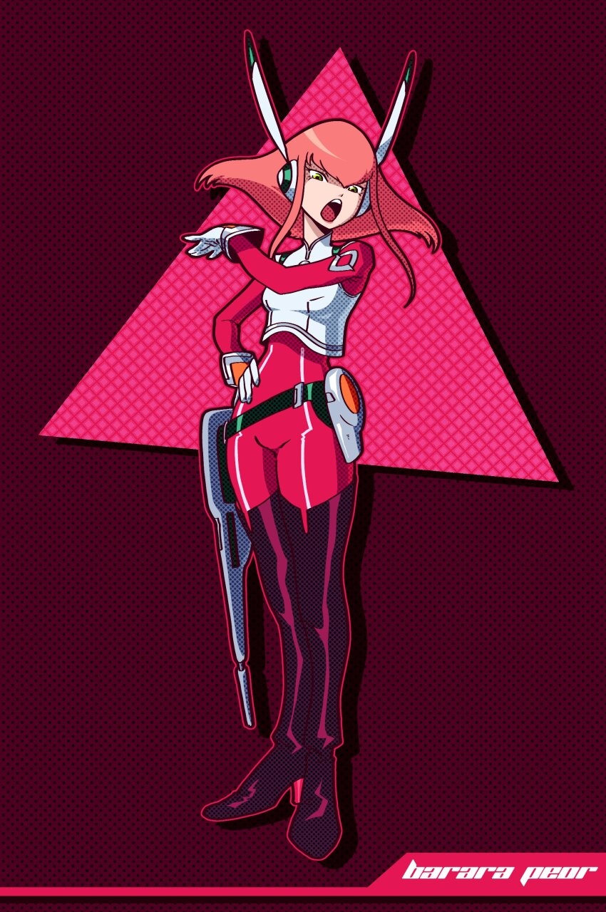 1girl absurdres barara_peol black_background character_name english_text full_body gloves gundam gundam_g_no_reconguista highres holster kawoshiki open_mouth pink_background pointer triangle two-tone_background white_gloves