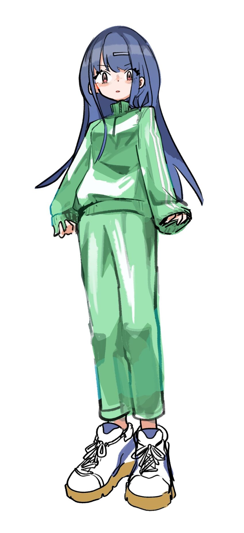 1girl alternate_costume blue_hair commentary_request denonbu full_body green_jacket green_pants highres jacket long_hair long_sleeves looking_at_viewer open_mouth pants red_eyes shinonome_kazune shoes simple_background sneakers solo standing track_jacket track_pants track_suit tsuzutsu white_background