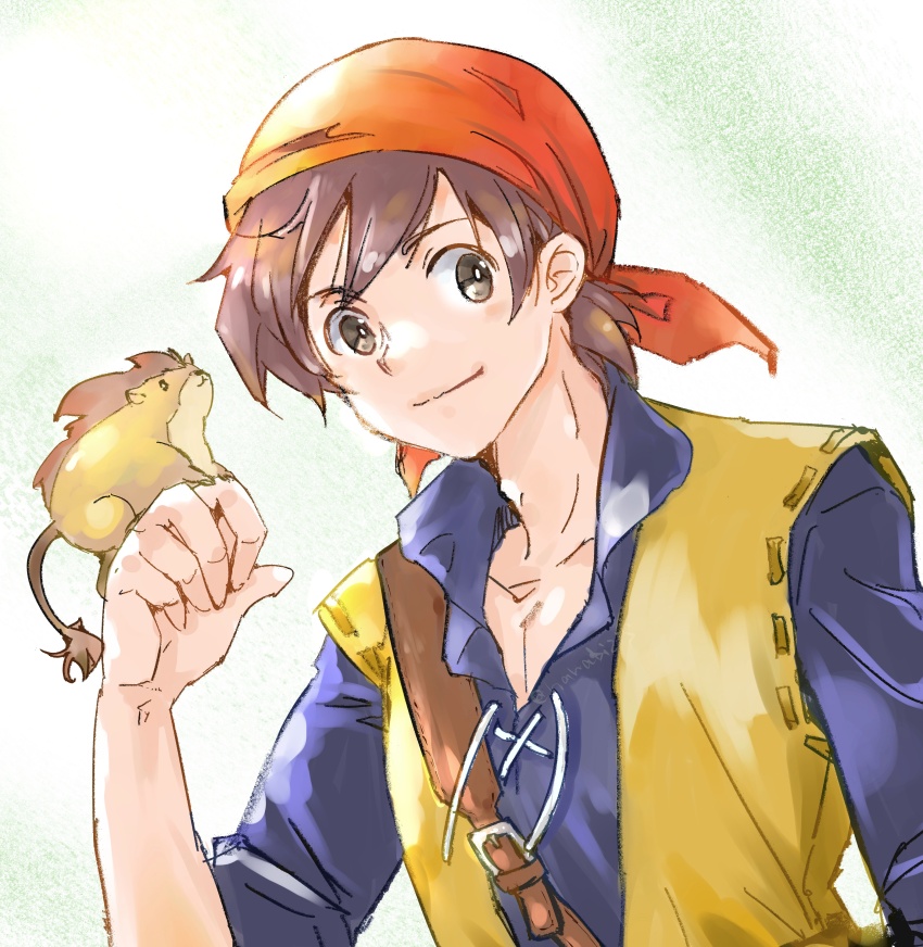 1boy absurdres animal animal_on_hand bandana brown_eyes brown_hair closed_mouth dragon_quest dragon_quest_viii hanabi21dq hero_(dq8) highres looking_at_viewer male_focus munchie_(dq8) orange_bandana pectoral_cleavage pectorals smile tail
