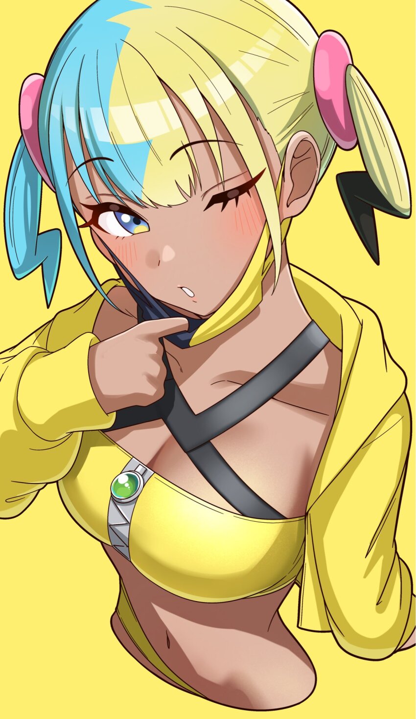 1girl bandeau black_hair black_mask blonde_hair blue_eyes blue_hair breasts canari_(pokemon) cleavage commentary dark-skinned_female dark_skin highres jacket long_sleeves looking_at_viewer mask mask_pull medium_breasts mouth_mask multicolored_hair navel niban_(puka_0507) nintendo one_eye_closed pokemon pokemon_legends:_z-a simple_background solo symbol-only_commentary twintails two-tone_mask upper_body yellow_background yellow_bandeau yellow_jacket yellow_mask