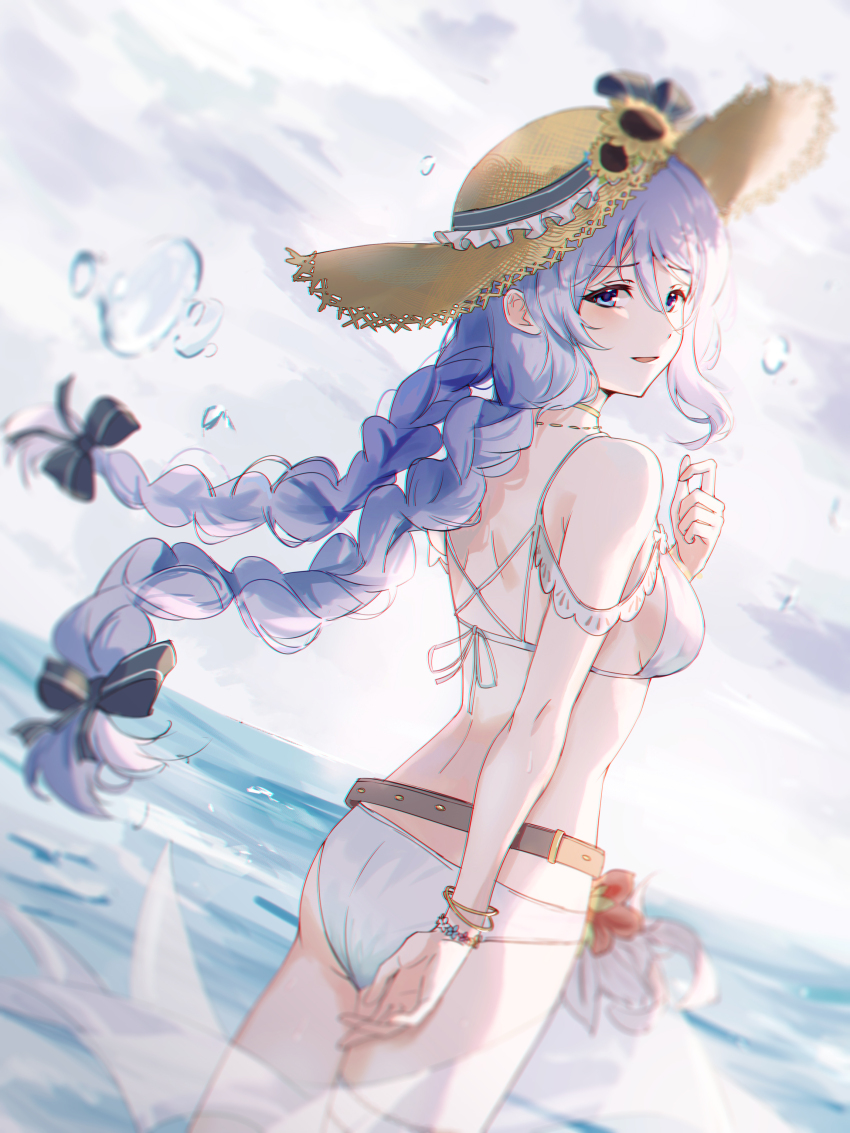 1girl absurdres ass bikini braid breasts flower flower_trim from_behind hat hat_flower hat_ribbon highres looking_at_viewer medium_breasts princess_connect! purple_shawl qianlilingjiang ribbon shawl shizuru_(princess_connect!) shizuru_(summer)_(princess_connect!) solo straw_hat sun_hat sunflower swimsuit twin_braids white_bikini
