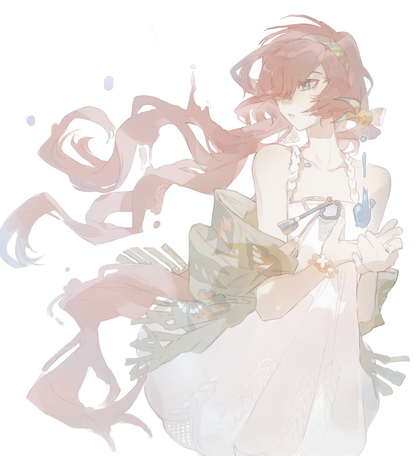 1girl absurdres blue_eyes capelet dress floating_hair green_capelet hair_over_one_eye hands_up highres long_hair looking_to_the_side low_twintails official_alternate_costume one_eye_covered pale_color red_hair reverse:1999 sleeveless sleeveless_dress solo tripleefish turning_head twintails upper_body very_long_hair water_drop white_background white_dress yenisei_(around_the_riverbend)_(reverse:1999) yenisei_(reverse:1999)
