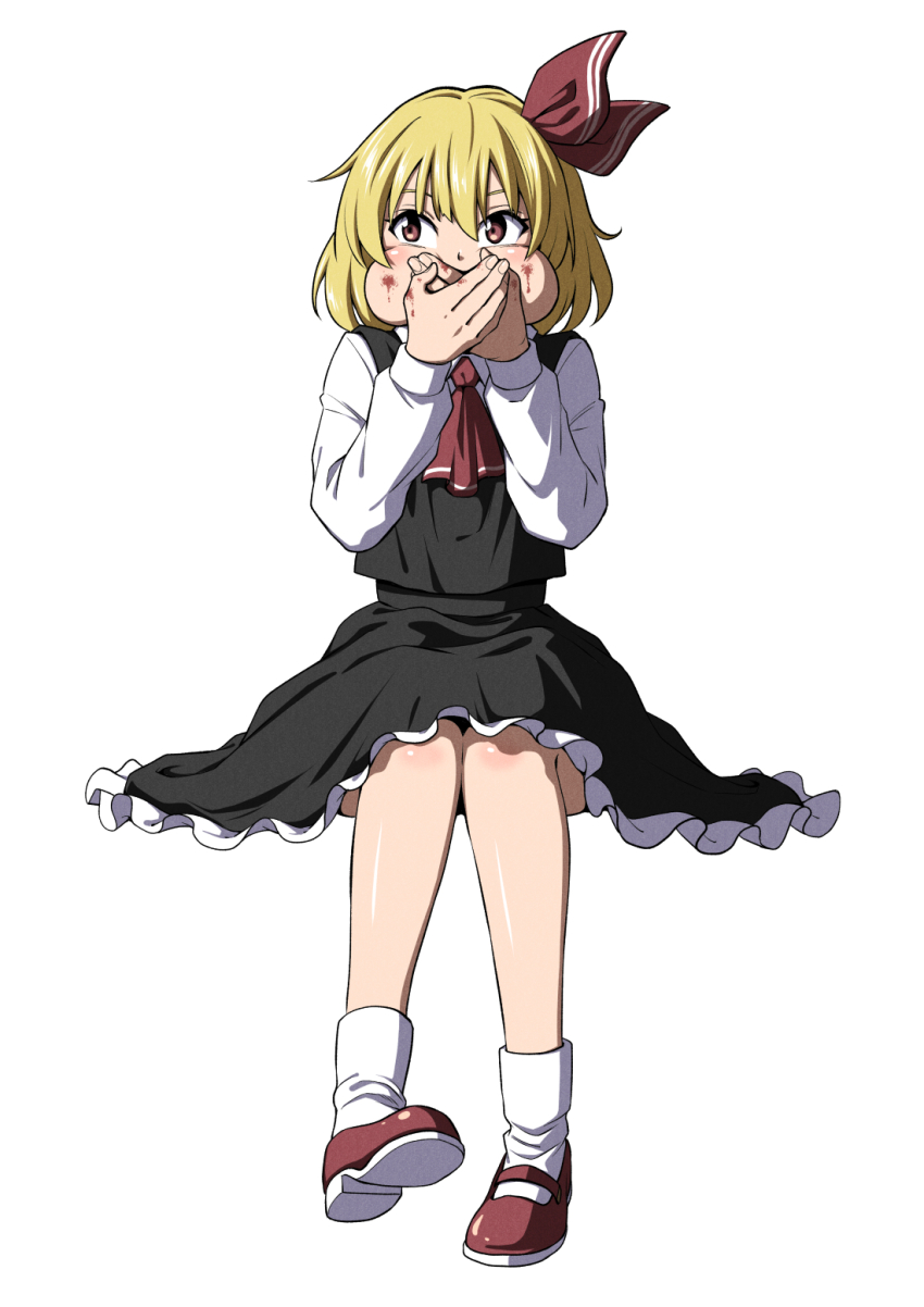 1girl ascot black_skirt blonde_hair blood blood_on_face covering_own_mouth eating frilled_skirt frills full_body highres inuno_rakugaki looking_to_the_side red_ascot red_eyes red_shoes rumia shirt shoes short_hair simple_background skirt solo touhou white_background white_shirt