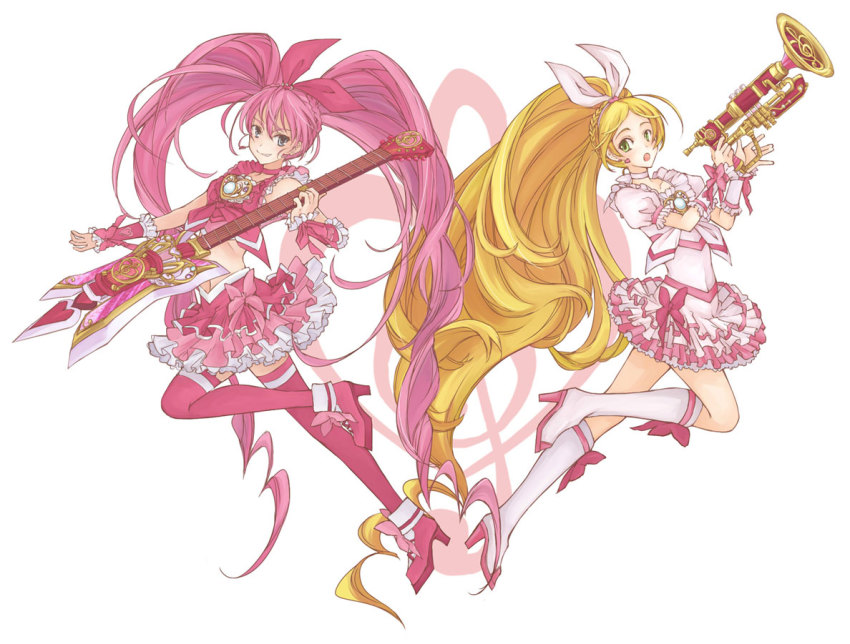 2girls :o blonde_hair blue_eyes boots bow braid brooch choker cure_melody cure_rhythm dress earrings full_body green_eyes grin guitar hair_ribbon heart high_heels houjou_hibiki instrument jewelry kamen_rider kamen_rider_hibiki_(series) kamen_rider_ibuki kamen_rider_todoroki knee_boots long_hair magical_girl midriff minamino_kanade multiple_girls musical_note name_connection navel parody pink_bow pink_hair pink_legwear pink_skirt precure ribbon shoes simple_background skirt smile suite_precure symmetry thighhighs touyama_(terada) trumpet twintails white_choker wrist_cuffs