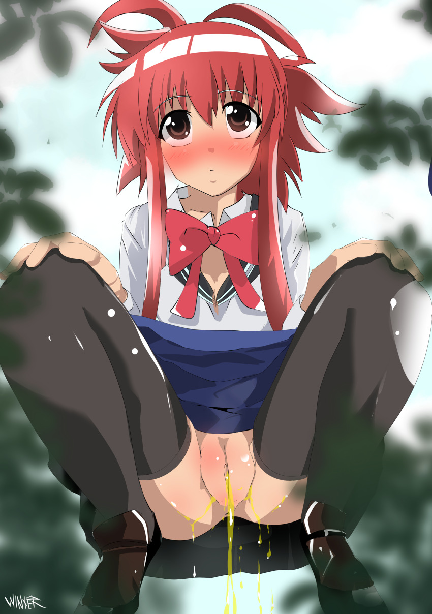 anus ass black_thighhighs blue_skirt blush bow bowtie brown_eyes brown_footwear bush closed_mouth clothes_lift embarrassed exhibitionism hands_on_own_knees ichiban_ushiro_no_daimaou no_panties outdoors pee peeing peeing_self public_indecency pussy red_bow red_hair school_uniform serafuku shirt shoes skirt skirt_lift soga_keena spread_legs squatting thighhighs uncensored watterywinter white_shirt
