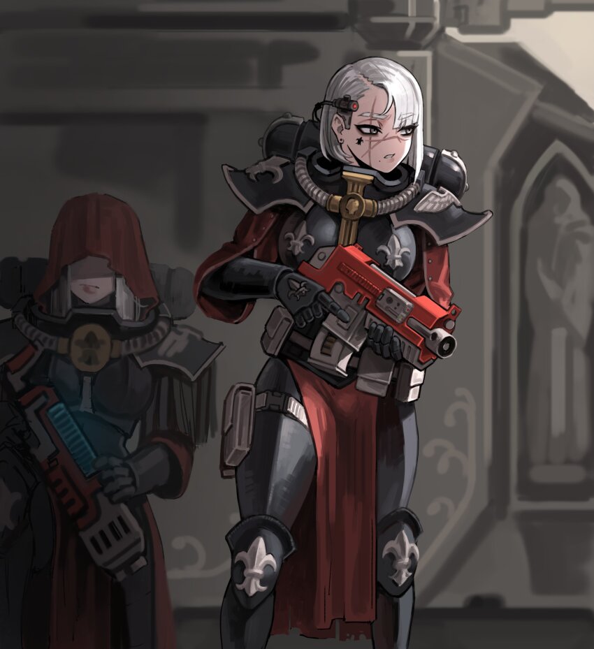 absurdres adepta_sororitas armor bolter fleur-de-lis gauntlets gun highres holding holding_weapon hood hood_up multiple_girls pauldrons power_armor scar short_hair shoulder_armor soldat_(dndosld73832) trigger_discipline warhammer_40k weapon white_hair
