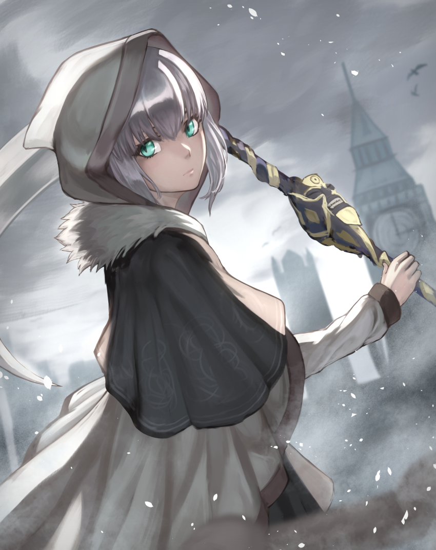1girl absurdres aito closed_mouth fate/grand_order fate_(series) female_focus files fur_trim gray_(fate) green_eyes grey_hair highres hood hood_up looking_at_viewer lord_el-melloi_ii_case_files short_hair solo weapon