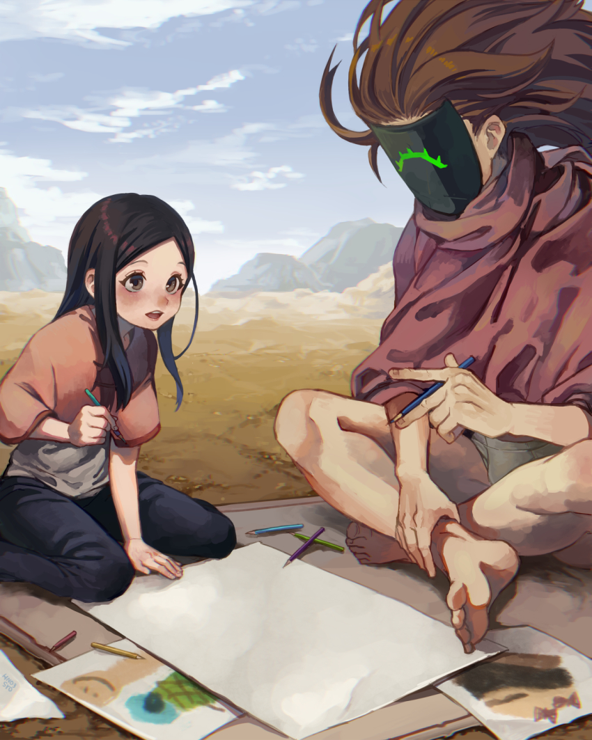 1boy 1girl ^_^ bad_id bad_pixiv_id barefoot black_hair blouse brown_hair buddy_(lisa) cape capelet child child&#039;s_drawing closed_eyes colored_pencil day drawing closed_eyes feet garth_(lisa) grey_shirt highres indian_style lisa_(series) lisa_the_painful long_hair mask mountain open_mouth outdoors paper pencil pink_capelet shirt shousan_(hno3syo) sidelocks sitting toes white_briefs
