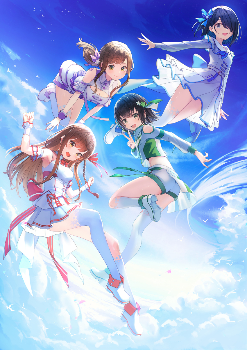 4girls :d above_clouds ankle_boots armpits asymmetrical_legwear bird black_hair blue_bow blue_eyes blue_hair blue_sky blush boots bow braid breasts brown_eyes brown_hair character_request cleavage cleavage_cutout closed_mouth clothing_cutout cloud day dress enogu flock flying fold-over_boots from_behind green_eyes hair_bow hair_over_one_eye highres iwamotochou_geinousha kagawa_ichigo kneehighs long_sleeves looking_at_viewer multiple_girls neck_ribbon official_art one_eye_covered open_mouth outdoors red_ribbon ribbon short_shorts shorts shoulder_cutout side_braid single_kneehigh single_sock single_thighhigh sky smile socks thighhighs uneven_legwear v virtual_youtuber white_dress white_legwear white_shorts wristband