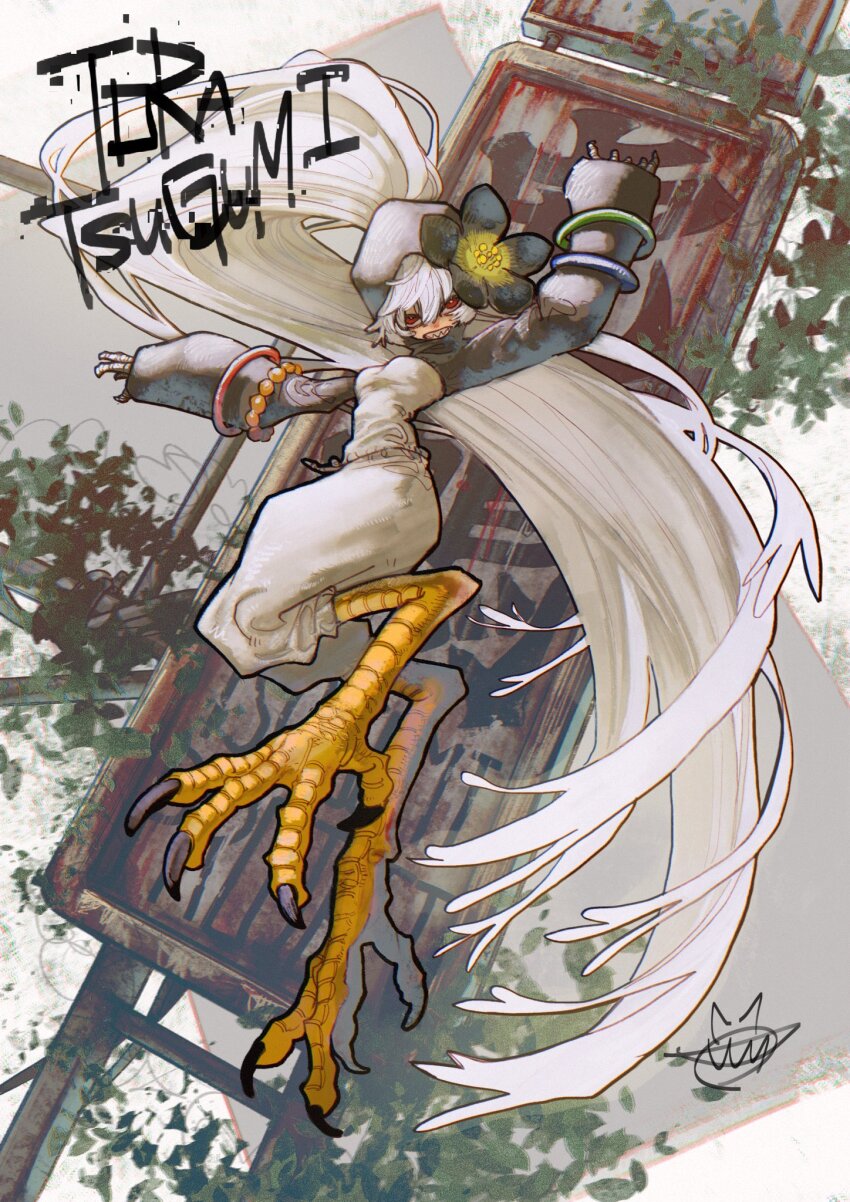 1girl absurdly_long_hair animal_feet artist_logo baggy_pants bangle bird_legs black_flower bracelet breasts character_name flower full_body grin hair_between_eyes hair_flower hair_ornament hand_up hand_wraps hands_up highres hood hood_up jewelry leaf logo long_hair long_sleeves looking_at_viewer monster_girl outdoors overgrown pants plant red_eyes road_sign rust sharp_teeth sign sleeves_past_wrists small_breasts smile solo talons teeth toratsugumi urana_kei very_long_hair white_hair white_pants