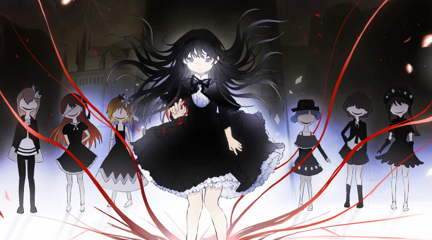 6+girls akemi_homura akemi_homura_(black_dress) black_dress black_hair clara_dolls_(madoka_magica) dress feet_out_of_frame floating_hair frills funeral_dress hairband highres long_hair mahou_shoujo_madoka_magica mahou_shoujo_madoka_magica:_hangyaku_no_monogatari multiple_girls neck_ribbon purple_eyes red_ribbon ribbon solo_focus very_long_hair winbow
