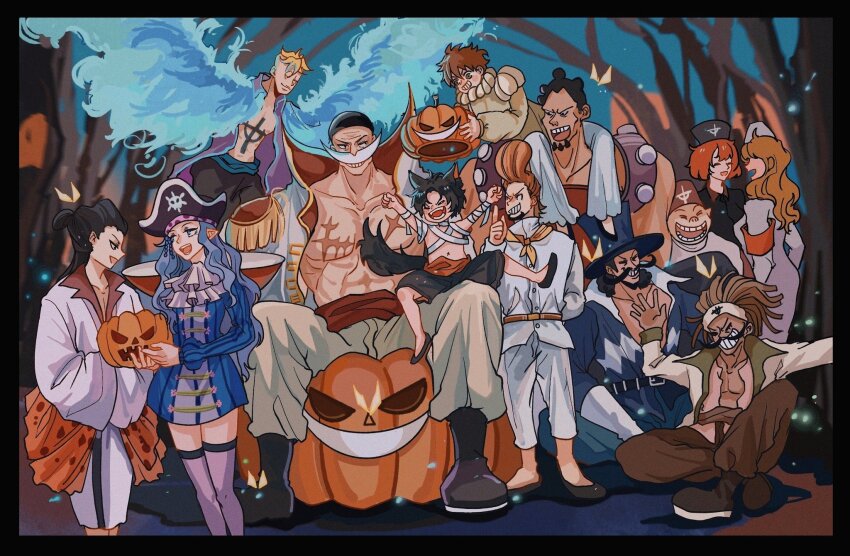 3girls 6+boys ^_^ alternate_form bandana black_border black_hair blonde_hair blue_wings boots border chest_tattoo chinese_commentary closed_eyes coat coat_on_shoulders commentary_request dreadlocks edward_newgate epaulettes facial_hair haruta_(one_piece) hat highres holding holding_pumpkin izou_(one_piece) japanese_clothes jozu_(one_piece) kimono marco_(one_piece) multiple_boys multiple_girls mustache nurse one_piece pirate_hat portgas_d._ace pumpkin rakuyou_(one_piece) red_sash sash scar scar_on_chest shiyuzai short_hair sitting smile speed_jiru tattoo thatch_(one_piece) thighhighs vista_(one_piece) whitey_bay wings