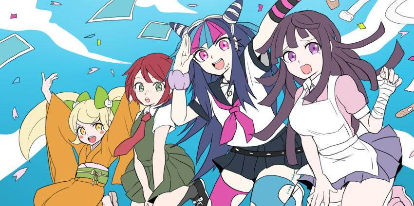 4girls apron arms_up asymmetrical_legwear bandaged_arm bandages bandaid black_hair black_sailor_collar black_shoes black_skirt black_socks blonde_hair blue_hair blue_skirt blue_sky blush_stickers bow cloud collared_shirt confetti danganronpa_(series) danganronpa_2:_goodbye_despair day dress elbow_gloves gloves green_bow green_dress green_eyes green_sash hair_bow hair_horns hat highres japanese_clothes jumping kawati kimono koizumi_mahiru midair mioda_ibuki mismatched_legwear mole mole_under_eye mouth_piercing multicolored_hair multiple_girls neckerchief necktie obi open_mouth orange_kimono pink_eyes pink_hair pink_neckerchief pink_shirt pink_shoes purple_eyes purple_hair red_hat red_necktie sailor_collar saionji_hiyoko sash school_uniform scrunchie serafuku shirt shoes short_hair single_elbow_glove skirt sky smile socks striped_clothes striped_gloves teeth thighhighs torn_clothes torn_thighhighs tsumiki_mikan twintails upper_teeth_only v-shaped_eyebrows white_apron white_hair white_shirt wrist_scrunchie yellow_eyes