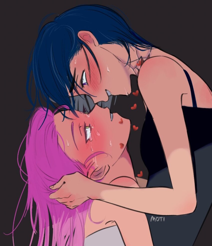 2girls alien_stage black_dress blue_hair blush cracked_skin dress eye_contact from_side hand_on_another&#039;s_head heart highres long_hair looking_at_another mizi_(alien_stage) motii multiple_girls pink_hair purple_eyes signature smile sua_(alien_stage) sweat white_dress yellow_eyes