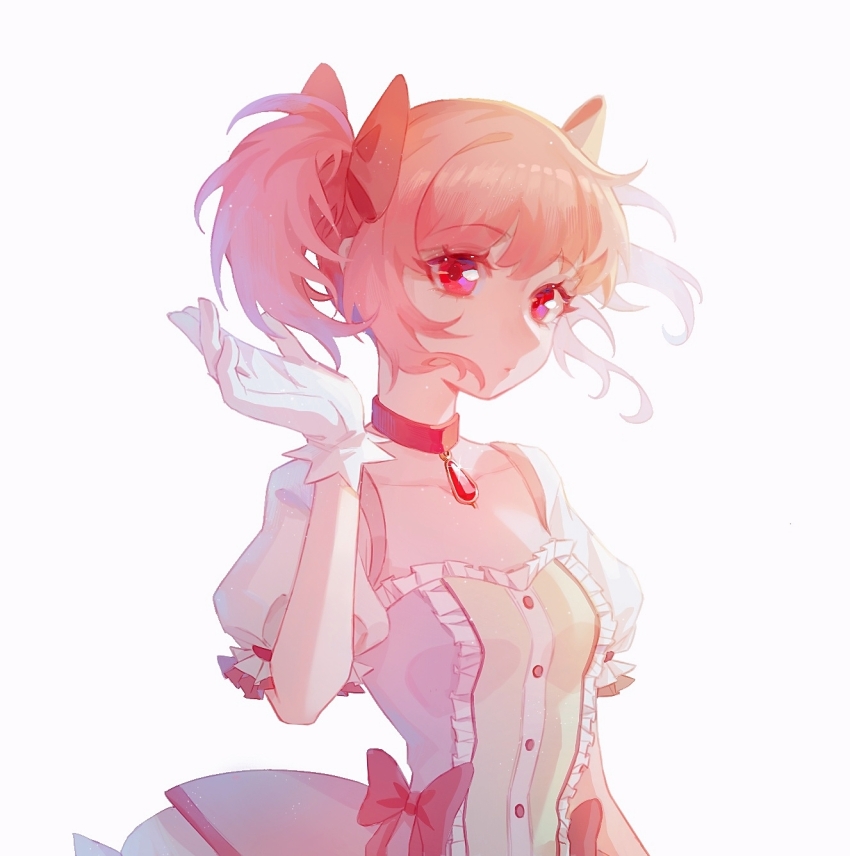 1girl :o bow bubble_skirt buttons center_frills chest_jewel chinese_commentary choker collarbone commentary_request cowboy_shot dress endoftheworld600 expressionless eyelashes floating_hair frilled_skirt frilled_sleeves frills gem gloves hair_bow hand_in_own_hair highres kaname_madoka looking_at_viewer magical_girl mahou_shoujo_madoka_magica mahou_shoujo_madoka_magica_(anime) miniskirt parted_lips pink_bow pink_dress pink_eyes pink_hair pointy_nose puffy_short_sleeves puffy_sleeves red_bow red_choker red_gemstone short_dress short_hair short_sleeves short_twintails simple_background skirt skirt_under_dress solo square_neckline standing twintails waist_bow wavy_hair white_background white_gloves white_skirt white_sleeves wind
