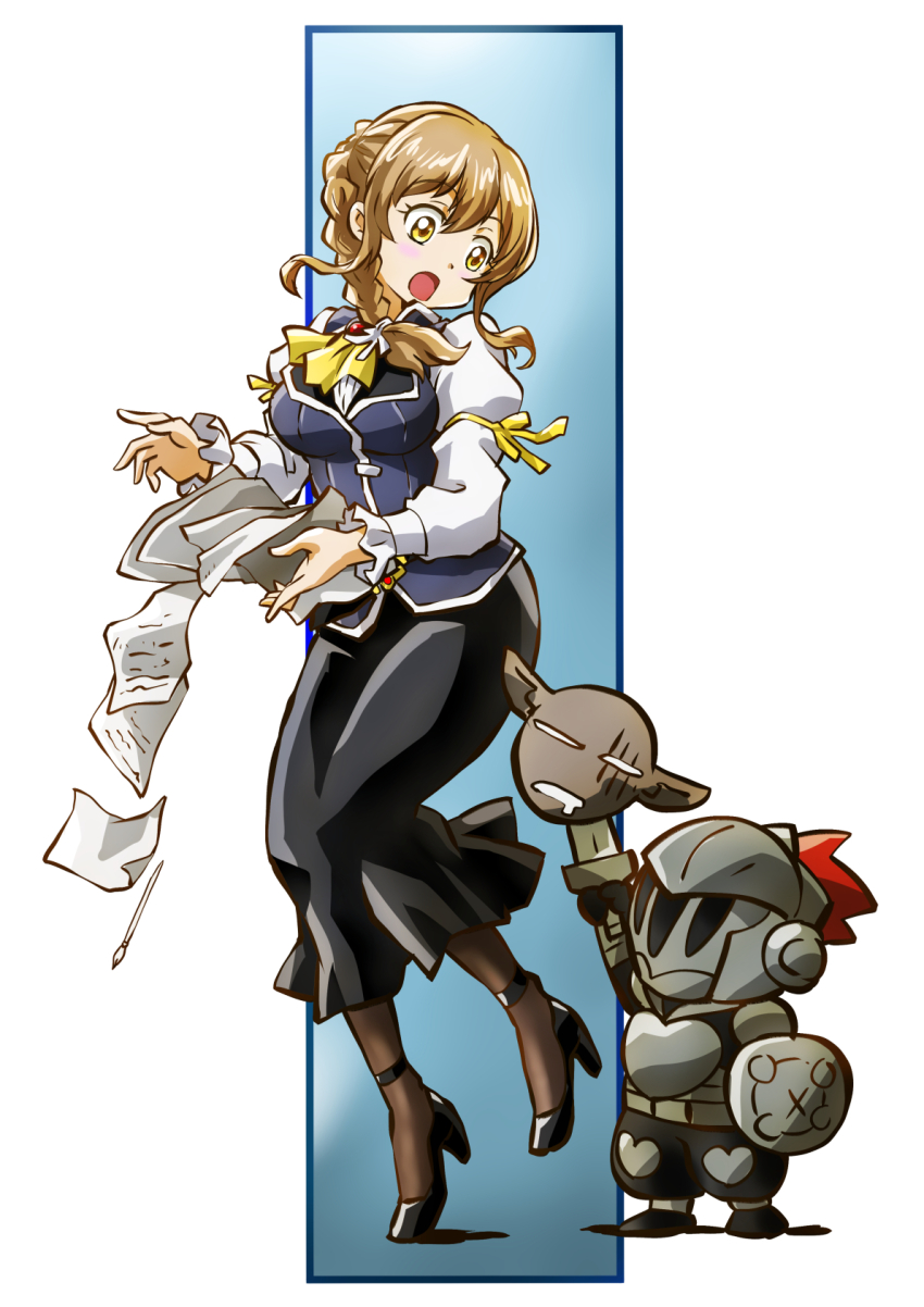 1boy 1girl black_dress black_footwear black_pantyhose blue_vest braid breasts chibi dress falling_paper goblin_slayer goblin_slayer! grey_armor grey_helmet guild_girl_(goblin_slayer!) head_grab helmet high_heels highres holding holding_paper holding_sword holding_weapon light_brown_hair looking_at_another medium_breasts medium_hair open_mouth pantyhose paper shirt single_braid sword taiga_hiroyuki too_many_papers two-tone_background vest visor_(armor) weapon white_shirt yellow_eyes