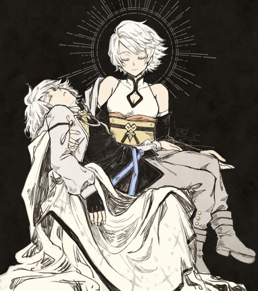 1boy 1girl baldr_(kingdom_hearts) bare_shoulders black_background black_gloves black_shirt black_sleeves boots breasts brother_and_sister clasp cleavage cleavage_cutout closed_eyes clothing_cutout commentary detached_sleeves dress eyelashes fine_art_parody fingerless_gloves gloves grey_footwear grey_pants grey_robe highres hoder_(kingdom_hearts) kh_raimu kingdom_hearts kingdom_hearts_dark_road lying_on_lap medium_breasts obi pants parody pieta robe sash shirt short_hair siblings signature simple_background sleeveless sleeveless_dress swept_bangs white_dress white_hair