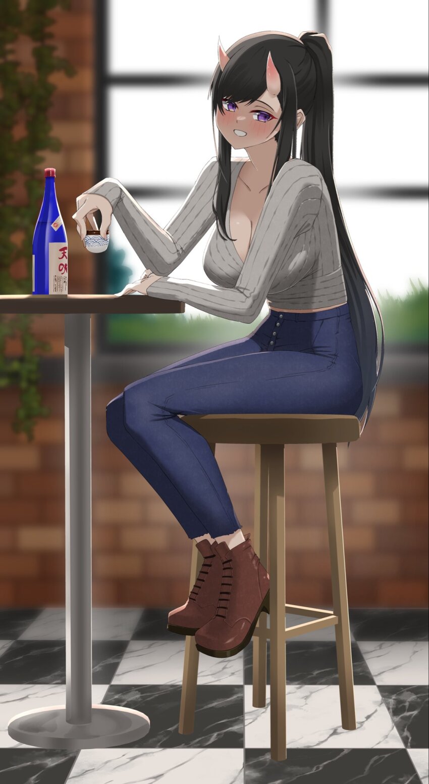 alcohol azur_lane black_hair blush boots bottle breasts brick_wall brown_boots choko_(cup) commission cup denim grey_shirt highres holding holding_cup horns jeans jewelry large_breasts long_hair long_sleeves open_mouth oppaihobby pants ponytail purple_eyes ribbed_shirt ring ryuuhou_(azur_lane) sake sake_bottle shirt smile stool sunlight teeth very_long_hair wedding_ring window
