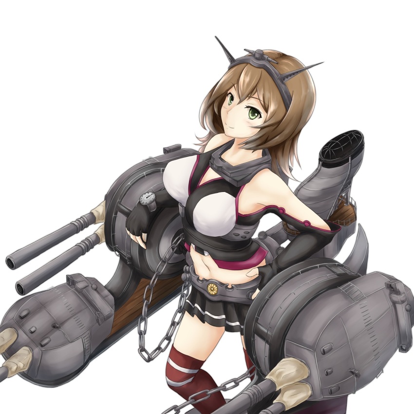 1girl aira_(qwedcxza49) alternate_hair_length alternate_hairstyle bare_shoulders breasts bridal_gauntlets brown_hair cannon chain collar cosplay crop_top elbow_gloves female_focus fingerless_gloves gloves green_eyes hairband headband headgear highres kantai_collection large_breasts long_hair looking_at_viewer machinery midriff miniskirt mutsu_(kancolle) nagato_(kancolle) nagato_(kancolle)_(cosplay) navel pleated_skirt radio_antenna red_thighhighs rigging ship_turret short_hair skirt sleeveless smokestack solo thighhighs