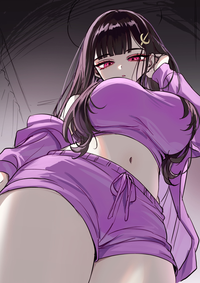 1girl absurdres akiyama_enma black_hair blunt_bangs breasts commentary_request from_below hair_ornament hand_in_own_hair highres jacket large_breasts long_hair looking_at_viewer midriff original parted_lips purple_jacket purple_shorts red_eyes ringed_eyes shorts solo