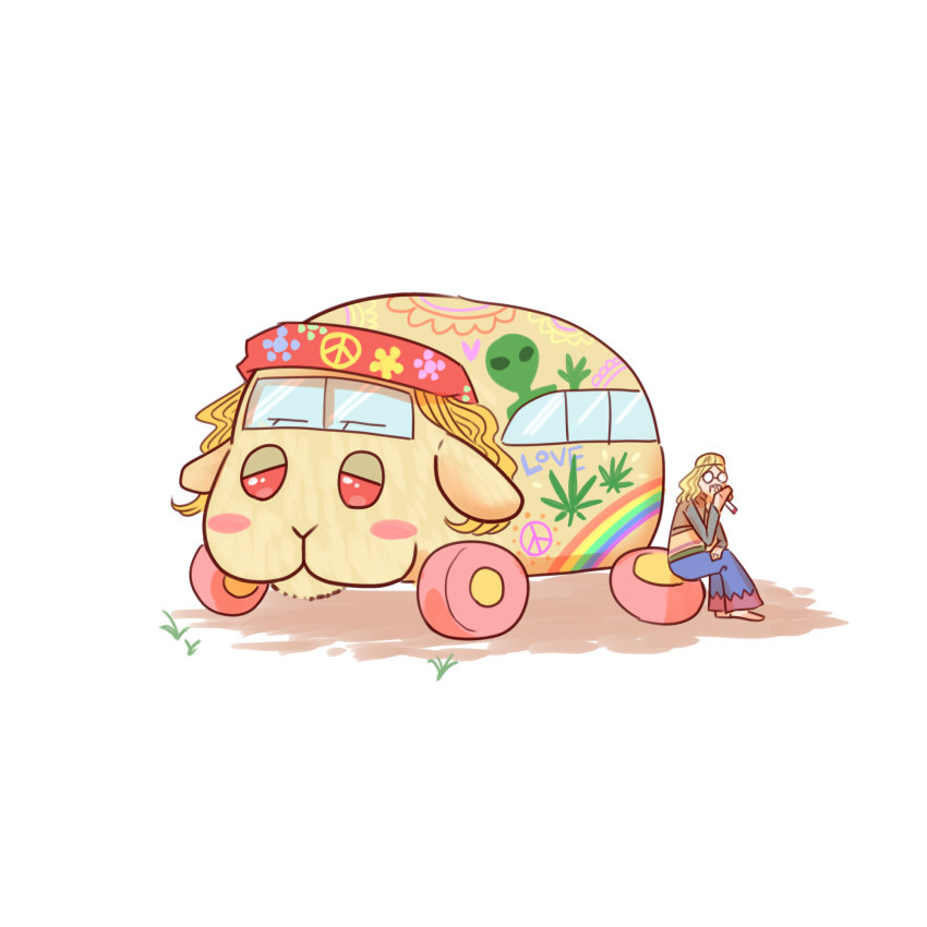 1960s_(style) alison_(alison_airlines) bell-bottoms blonde_hair cannabis_print drugs glasses guinea_pig highres hippie marijuana molcar oldschool opaque_glasses original pants peace_symbol pui_pui_molcar rainbow red_eyes retro_artstyle smoking stoned vehicalization wavy_hair wheel yajuu_senpai