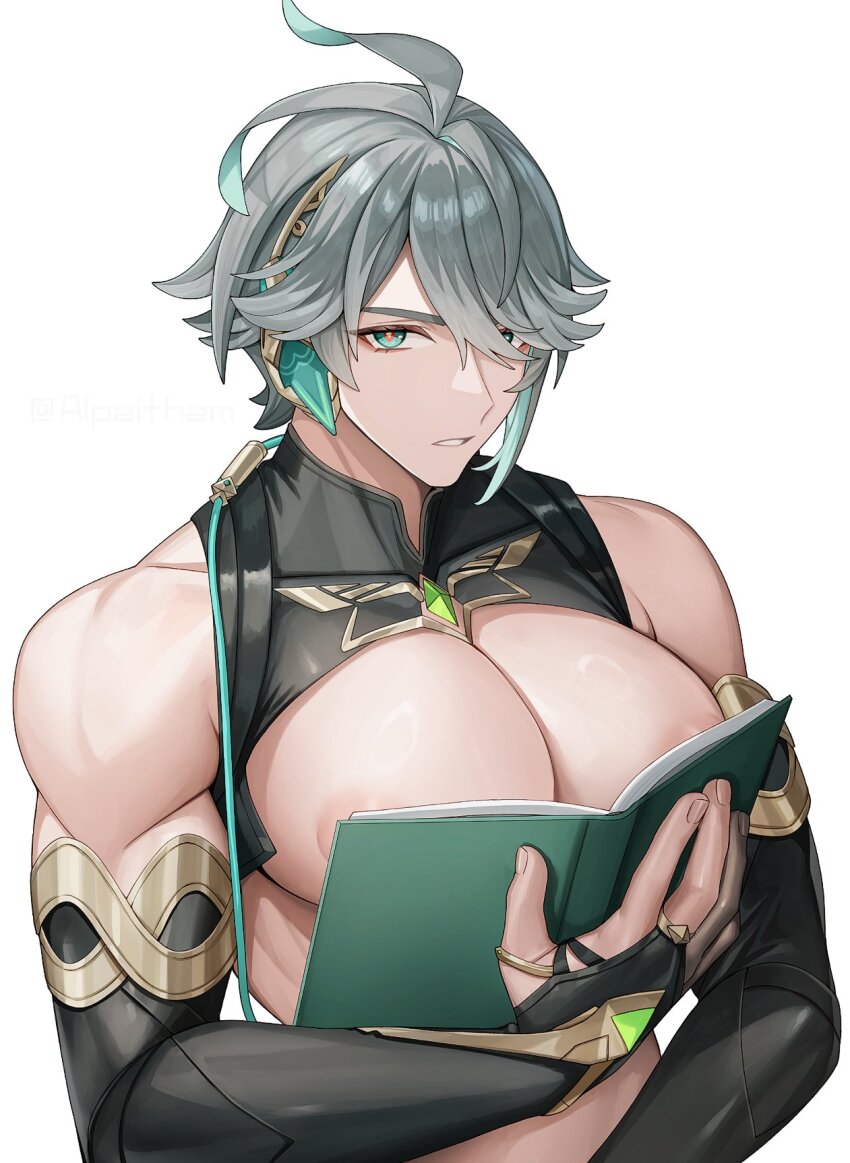 1boy abs alhaitham_(genshin_impact) alpaitham aqua_eyes aqua_hair black_gloves black_shirt book fingerless_gloves genshin_impact gloves grey_hair hair_between_eyes hair_over_one_eye highres holding holding_book looking_at_viewer male_focus multicolored_hair muscular muscular_male nipples open_clothes open_shirt shirt short_hair solo