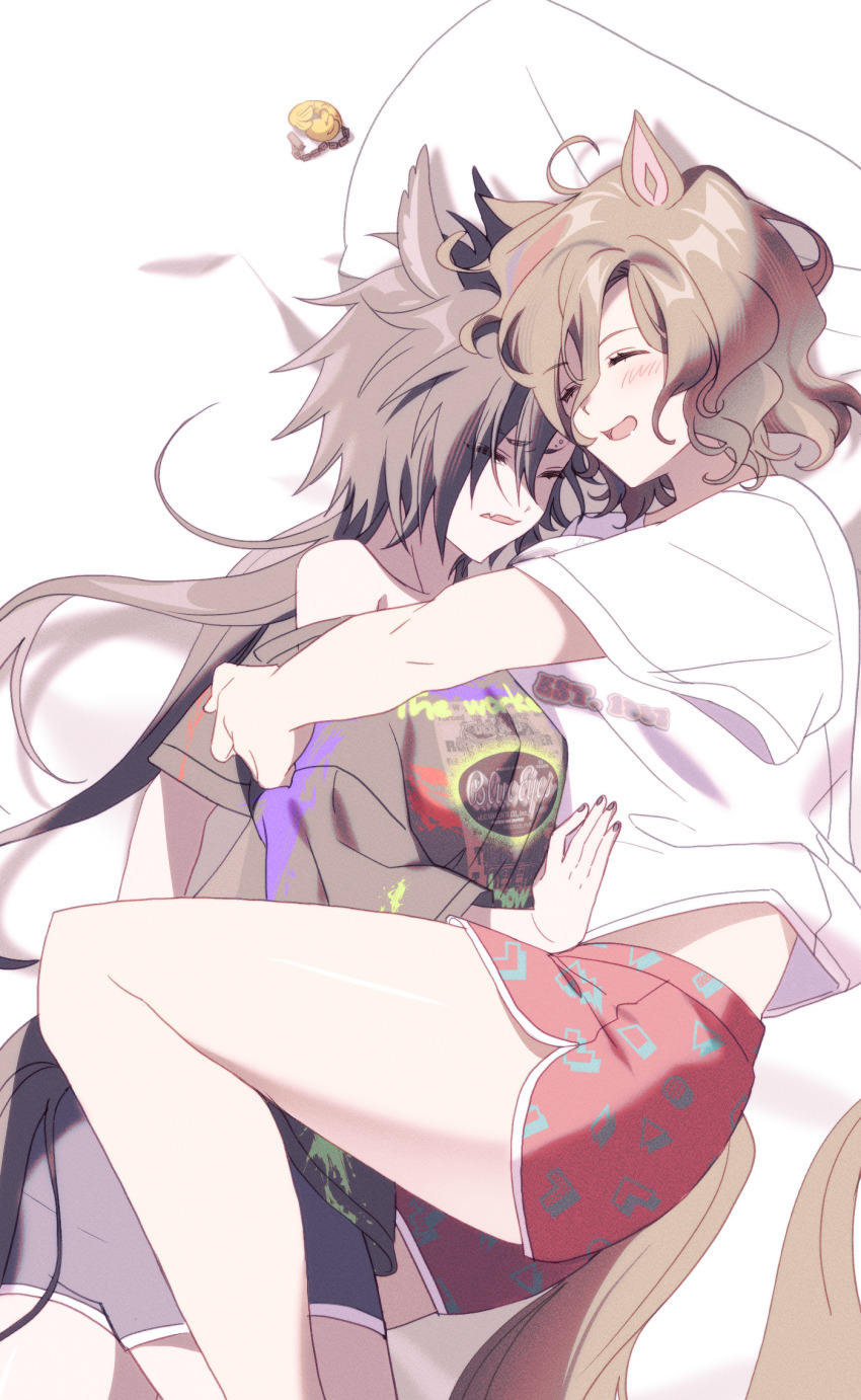 2girls :d ^_^ ahoge air_shakur_(umamusume) animal_ears arm_around_back bare_shoulders black_hair black_nails black_tail blush brown_hair brown_tail closed_eyes commentary dolphin_shorts eyebrow_piercing fang heads_together highres horse_ears horse_girl horse_tail hug long_hair lying messy_sleeper multiple_girls on_bed on_side open_mouth oyo_0 piercing pillow print_shirt print_shorts pushing_away red_shorts shared_bed shirt short_sleeves shorts skin_fang sleeping sleeping_together smile spiked_hair straddling t-shirt tail tap_dance_city_(umamusume) umamusume uncomfortable wavy_hair white_shirt yuri