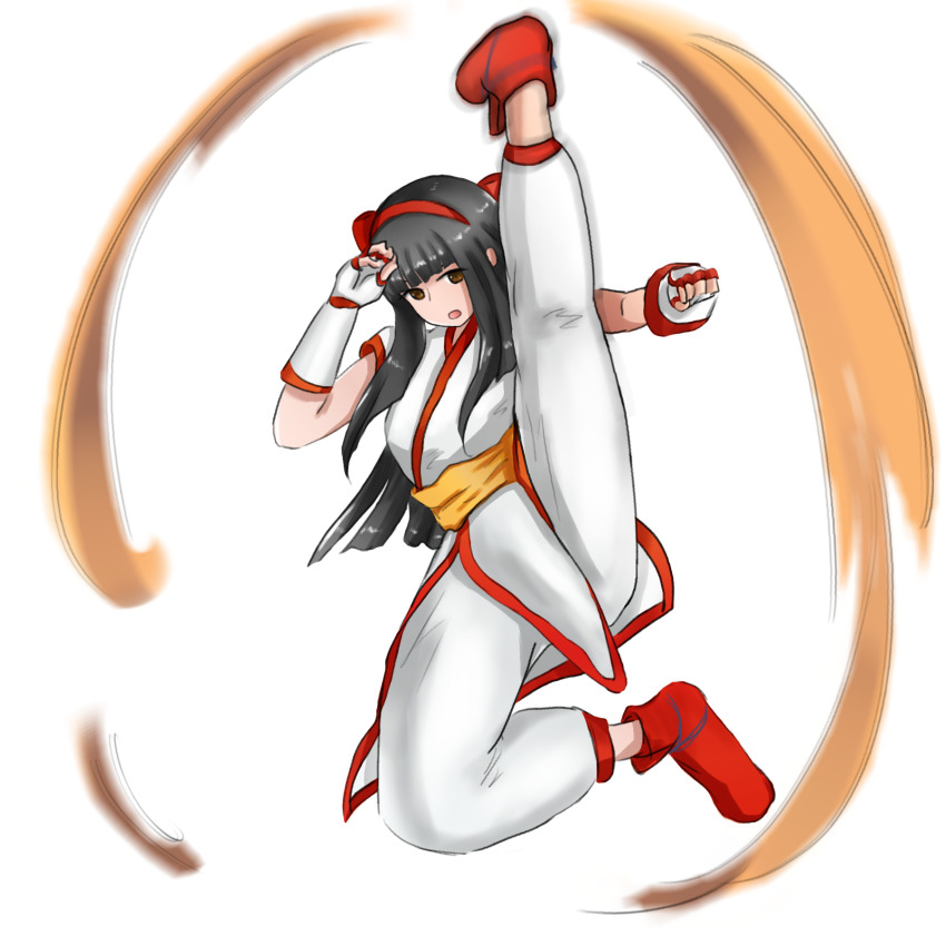 1girl ainu_clothes black_hair breasts brown_eyes fingerless_gloves genocide_cutter gloves hair_ribbon highres hime_cut kicking long_hair nakoruru open_mouth pants ribbon samurai_spirits small_breasts snk