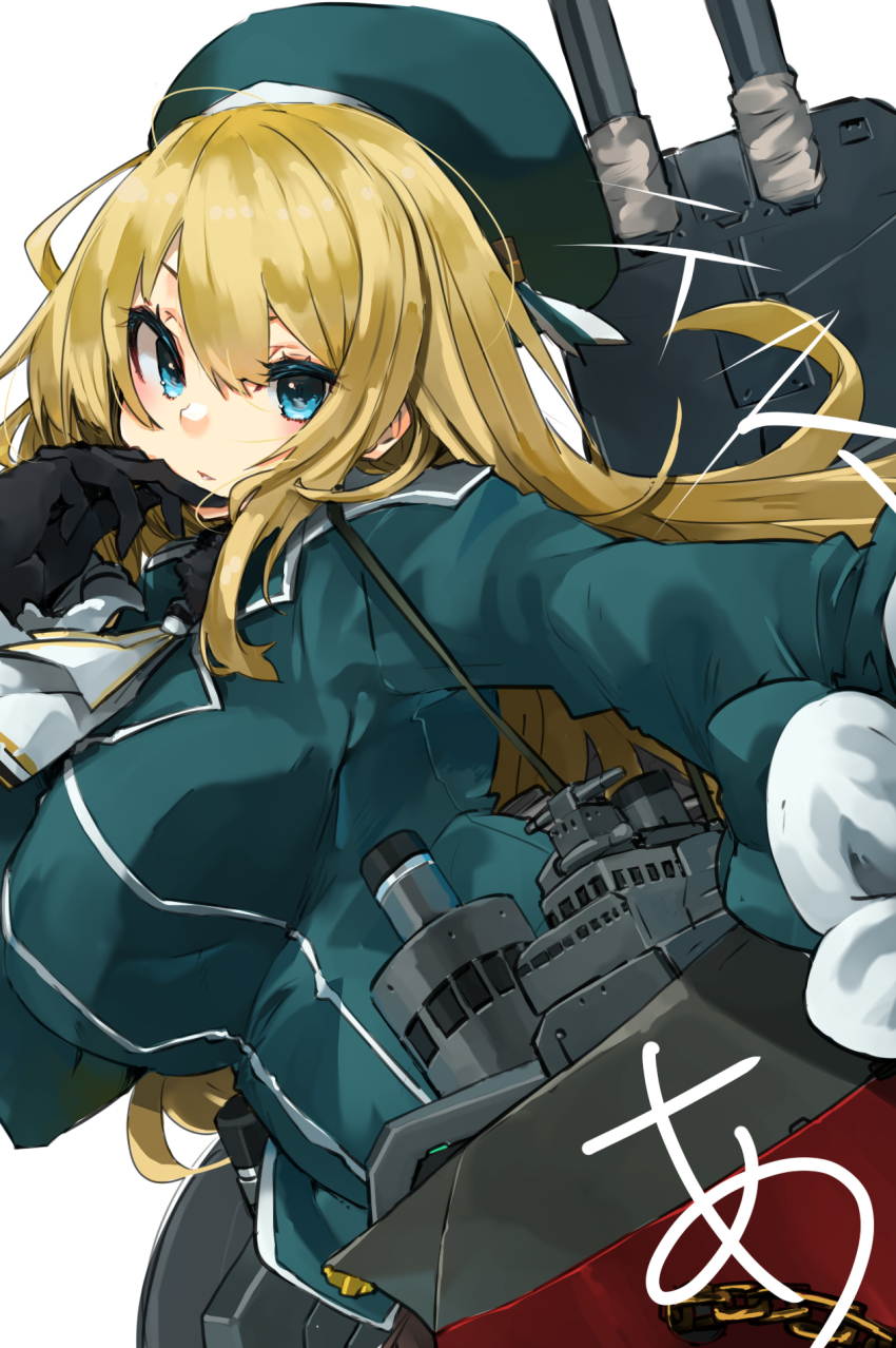 1girl adapted_turret atago_(kancolle) beret black_gloves blonde_hair blue_eyes blush breasts cannon gloves hair_between_eyes hat highres kantai_collection large_breasts long_hair looking_at_viewer machinery military military_uniform rigging ship_turret shirt signature skirt smile smokestack solo sunday_aki upper_body white_background