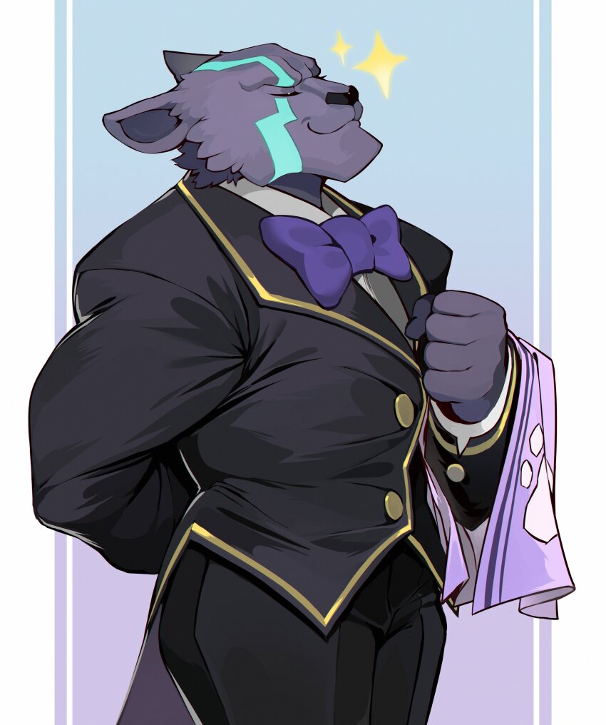 1boy absurdres afk_(series) afk_arena animal_ears arkadios_(afk) arm_behind_back black_coat black_pants bow bowtie butler closed_eyes closed_mouth coat commentary_request furry furry_male highres male_focus okn_369 panther_boy panther_ears pants purple_bow purple_bowtie shirt smile sparkle towel towel_on_arm white_shirt