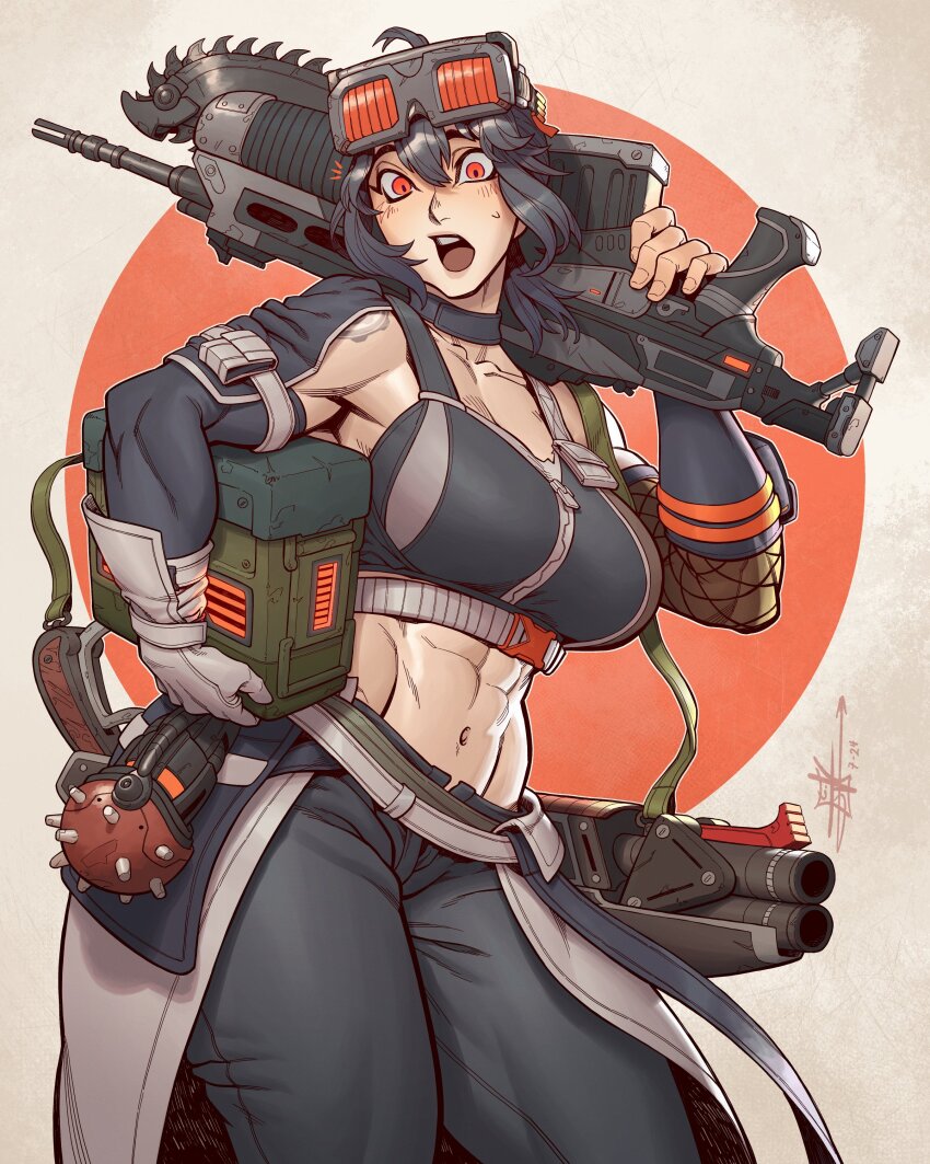 1girl abs absurdres ahoge ammunition_box arm_pouch assault_rifle asymmetrical_gloves belt black_choker black_gloves black_hair black_pants black_sports_bra blush borrowed_weapon breasts chainsaw choker collarbone commentary dated english_commentary explosive fingerless_gloves fishnet_gloves fishnets gears_of_war gloves goggles goggles_on_head grace_howard grenade grey_belt grey_gloves gun gun_sling hair_between_eyes highres joseph_virtuoso lancer_(gears_of_war) large_breasts long_hair looking_at_viewer midriff mismatched_gloves navel notice_lines open_mouth orange_eyes over_shoulder pants rifle shotgun shoulder_tattoo signature single_fingerless_glove smile sports_bra sweatdrop tattoo teeth upper_teeth_only weapon weapon_over_shoulder zenless_zone_zero zipper_top