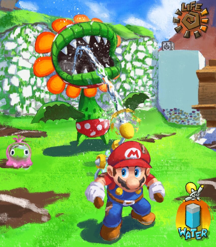 1boy belt blue_eyes blue_overalls blue_pants blue_sky brown_belt brown_footwear brown_hair cloud day f.l.u.d.d. facial_hair gameplay_mechanics gloves gooble_(mario) grass hat highres long_sleeves mario mario_(series) mud mustache nintendo open_mouth outdoors overalls pants petey_piranha red_hat red_shirt sharp_teeth shirt shoes short_hair sky spraying standing super_mario_sunshine teeth water water_wheel white_gloves ya_mari_6363