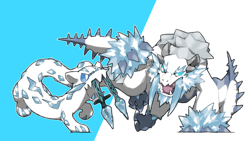 animal_focus aqua_background aqua_sclera blacknirrow blue_sclera chien-pao colored_sclera creatures_(company) crossover fangs frostfang_barioth game_freak highres ice monster monster_hunter_(series) nintendo no_humans open_mouth outline pokemon pokemon_(creature) simple_background tusks two-tone_background white_background white_eyes white_outline