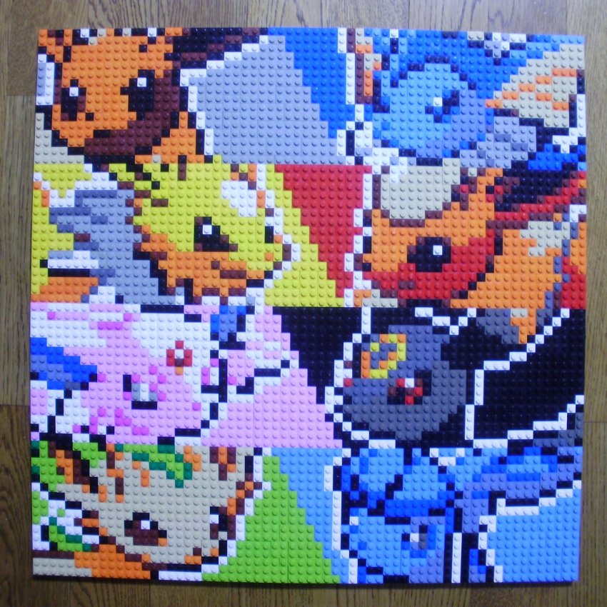 black_background black_eyes blue_background blue_eyes eevee espeon evolutionary_line flareon game_freak gen_1_pokemon gen_2_pokemon gen_4_pokemon gen_6_pokemon glaceon green_background grey_eyes highres jolteon lego lego_(medium) multicolored_background nintendo no_humans photo_(medium) pink_background pixel_art pokemon pokemon_(creature) red_background red_eyes sylveon umbreon unconventional_media vaporeon yellow_background you_rei_(blowback)