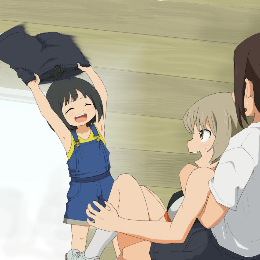 3girls :d absurdres akebi-chan_no_serafuku akebi_kao armpits assisted_exposure black_hair blonde_hair brown_hair child commentary gobanme_no_mayoi_neko gym_uniform highres minakami_riri multiple_girls open_mouth overalls short_hair short_shorts shorts unworn_shorts sitting smile sweatdrop undressing_another usagihara_touko yellow_eyes