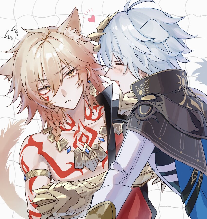 2boys ^_^ animal_ears arm_tattoo armlet armor armored_gloves black_coat black_shirt blonde_hair blue_cape blue_hair blush braid cape chest_tattoo closed_eyes coat collared_shirt earrings facial_tattoo gold_earrings gold_necklace gold_trim gradient_hair grid_background hand_on_another&#039;s_head heart highres honkai:_star_rail honkai_(series) jewelry male_focus multicolored_hair multiple_boys mydei_(honkai:_star_rail) necklace open_clothes open_coat orange_eyes oyakioisi pauldrons phainon_(honkai:_star_rail) pushing_away raised_eyebrows red_hair red_tattoo shirt shoulder_armor shoulder_tattoo side_braid single_pauldron tail tattoo white_background white_coat yaoi