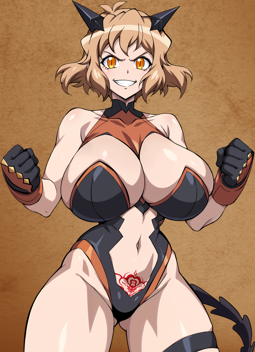 1girl absurdres alternate_breast_size ass black_leotard breasts brown_background brown_eyes brown_hair clenched_hands demon_tail gloves grin groin highres huge_breasts leotard looking_at_viewer navel open_mouth pubic_tattoo senki_zesshou_symphogear short_hair simple_background smile solo stomach tachibana_hibiki_(symphogear) tail tattoo teeth undersuit yxyyxy
