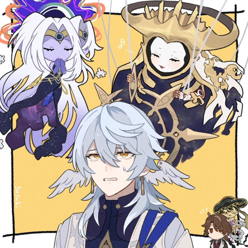 2boys 3others adjusting_halo artist_name beard_stubble black_dress blue_hair border braid clenched_teeth closed_eyes colored_skin constellation doll_joints dress earrings ena_(honkai:_star_rail) facial_hair gallagher_(honkai:_star_rail) gradient_hair hair_between_eyes hair_over_one_eye halo halo_behind_head head_wings highres honkai:_star_rail honkai_(series) jewelry joints long_dress long_hair looking_up medium_hair multicolored_hair multiple_boys multiple_faces multiple_others musical_note mythus_(honkai:_star_rail) notice_lines outside_border puppet_strings purple_hair purple_skin puzzle_piece red_eyes simple_background single_braid stubble sunday_(honkai:_star_rail) susukinohara320 sweat teeth u_u very_long_hair white_border white_hair wings xipe_(honkai:_star_rail) yellow_background yellow_eyes