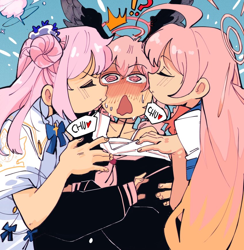 !? 3girls @_@ absurdres ahoge black_shirt blue_archive blush capelet cheek_kiss double_cheek_kiss girl_sandwich hair_bun halo hanako_(blue_archive) head_wings highres kinzaibatsu91 kiss kissing_cheek koharu_(blue_archive) long_hair mika_(blue_archive) multiple_girls neckerchief open_mouth pink_eyes pink_hair pink_halo pink_neckerchief sailor_collar sandwiched shirt short_sleeves single_side_bun sleeves_past_wrists speech_bubble white_capelet white_sailor_collar white_shirt wings yuri