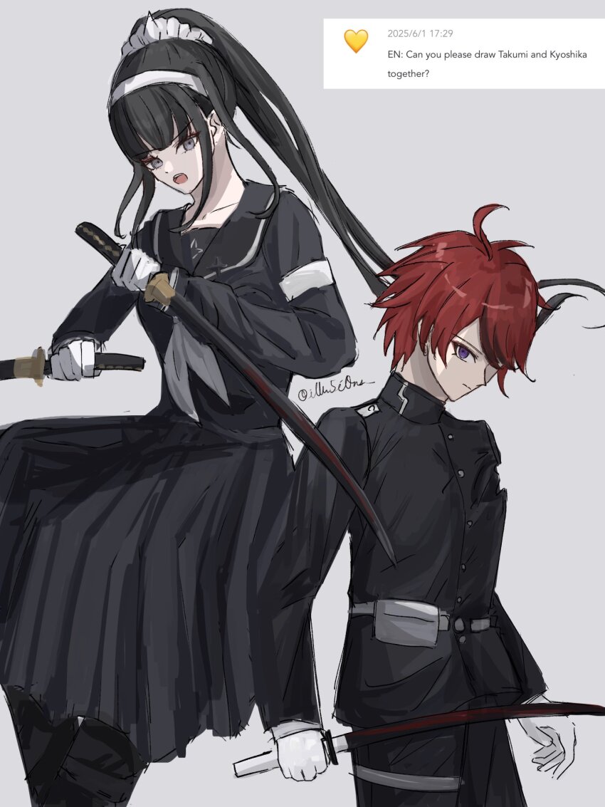 1boy 1girl armband black_hair black_pants black_shirt black_skirt closed_mouth collarbone frown gloves grey_background highres holding holding_sword holding_weapon holy_jumonji_sword last_defense_academy_school_uniform long_hair looking_at_viewer magadori_kyoshika multicolored_eyes multicolored_hair open_mouth pants purple_eyes red_eyes red_hair request_inset shirt skirt sumino_takumi sword teeth the_hundred_line_-last_defense_academy- upper_teeth_only weapon white_background white_gloves