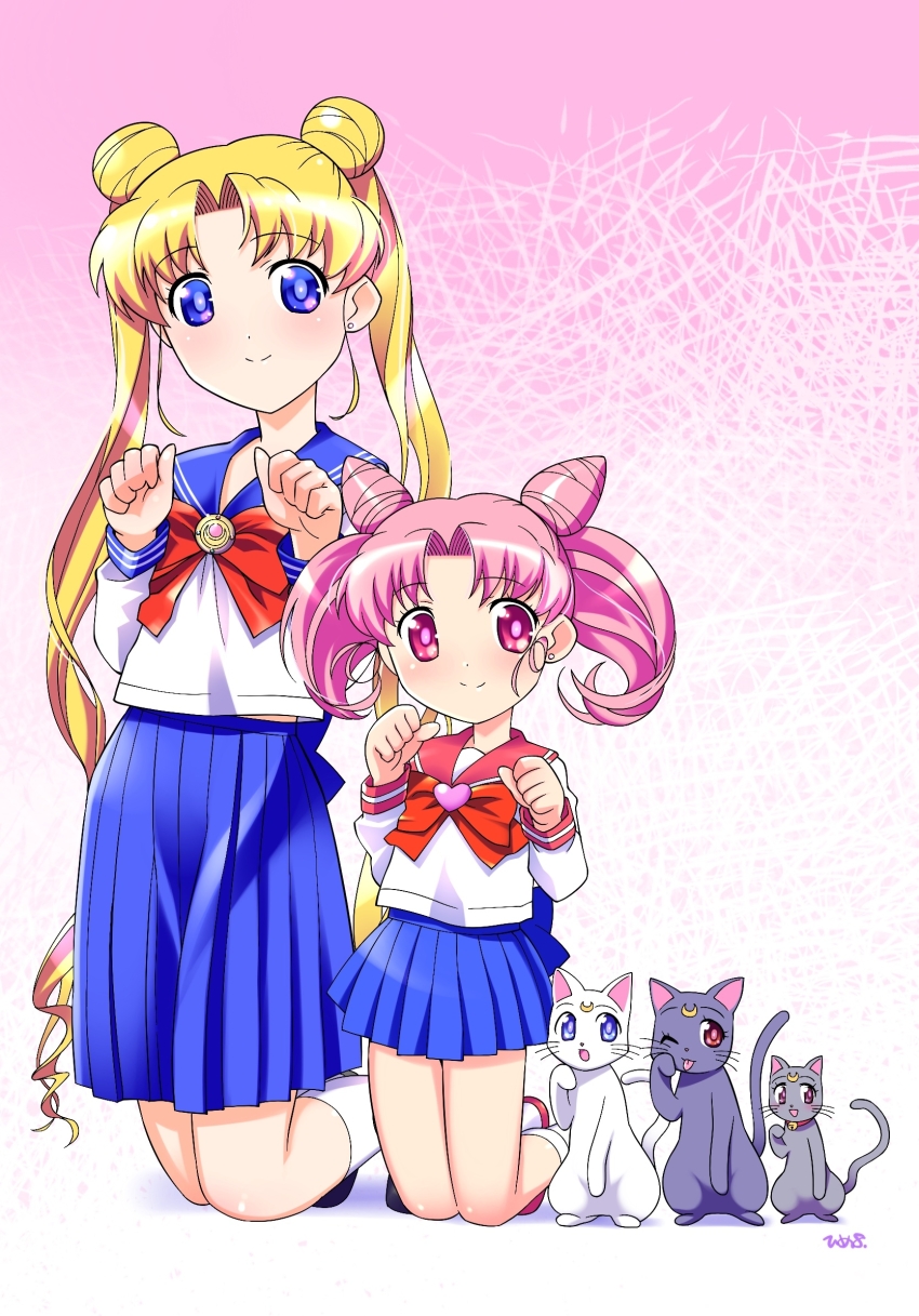 2girls artemis_(sailor_moon) bishoujo_senshi_sailor_moon black_shoes blonde_hair blue_eyes blue_sailor_collar blue_skirt bow cat chibi_usa closed_mouth cone_hair_bun diana_(sailor_moon) double_bun earrings hair_bun hand_up heart highres himehachi_(hime8manga) jewelry kneeling long_hair long_sleeves luna_(sailor_moon) miniskirt mother_and_daughter multiple_girls pink_hair pleated_skirt red_bow red_eyes red_sailor_collar red_shoes sailor_collar school_uniform serafuku shirt shoes short_hair skirt smile socks split_mouth transformation_brooch_(sailor_moon) tsukino_usagi twintails very_long_hair white_shirt white_socks